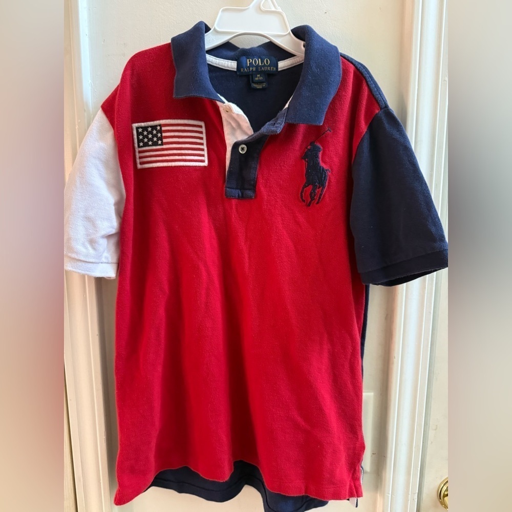 Polo Ralph Lauren Colorblocked Big Pony USA Flag Patchwork Collared Polo Shirt